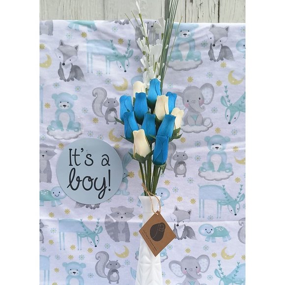 1 Dozen It's A Boy Light Blue and White The Original Wooden Rose Flower Bouquet - Picture 2 of 9